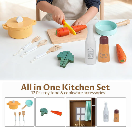 OLAKIDS Corner Kids Kitchen Play Set, Toddler Wooden Pretend Toy Cooking Set with Range Hood Dishwasher Trash Bin Light Sound Stove Storage Cabinet, Realistic Play Kitchen Gift for Boys Girls