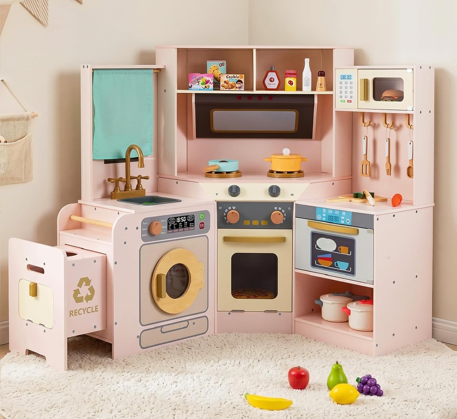 OLAKIDS Corner Kids Kitchen Play Set, Toddler Wooden Pretend Toy Cooking Set with Range Hood Dishwasher Trash Bin Light Sound Stove Storage Cabinet, Realistic Play Kitchen Gift for Boys Girls