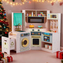 OLAKIDS Corner Kids Kitchen Play Set, Toddler Wooden Pretend Toy Cooking Set with Range Hood Dishwasher Trash Bin Light Sound Stove Storage Cabinet, Realistic Play Kitchen Gift for Boys Girls