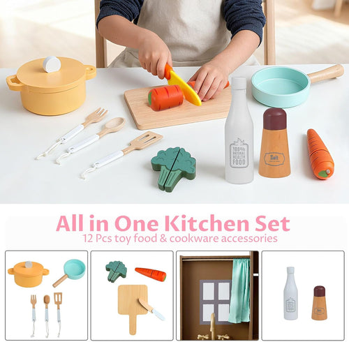OLAKIDS Corner Kids Kitchen Play Set, Toddler Wooden Pretend Toy Cooking Set with Range Hood Dishwasher Trash Bin Light Sound Stove Storage Cabinet, Realistic Play Kitchen Gift for Boys Girls