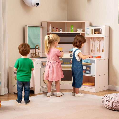 OLAKIDS Corner Kids Kitchen Play Set, Toddler Wooden Pretend Toy Cooking Set with Range Hood Dishwasher Trash Bin Light Sound Stove Storage Cabinet, Realistic Play Kitchen Gift for Boys Girls