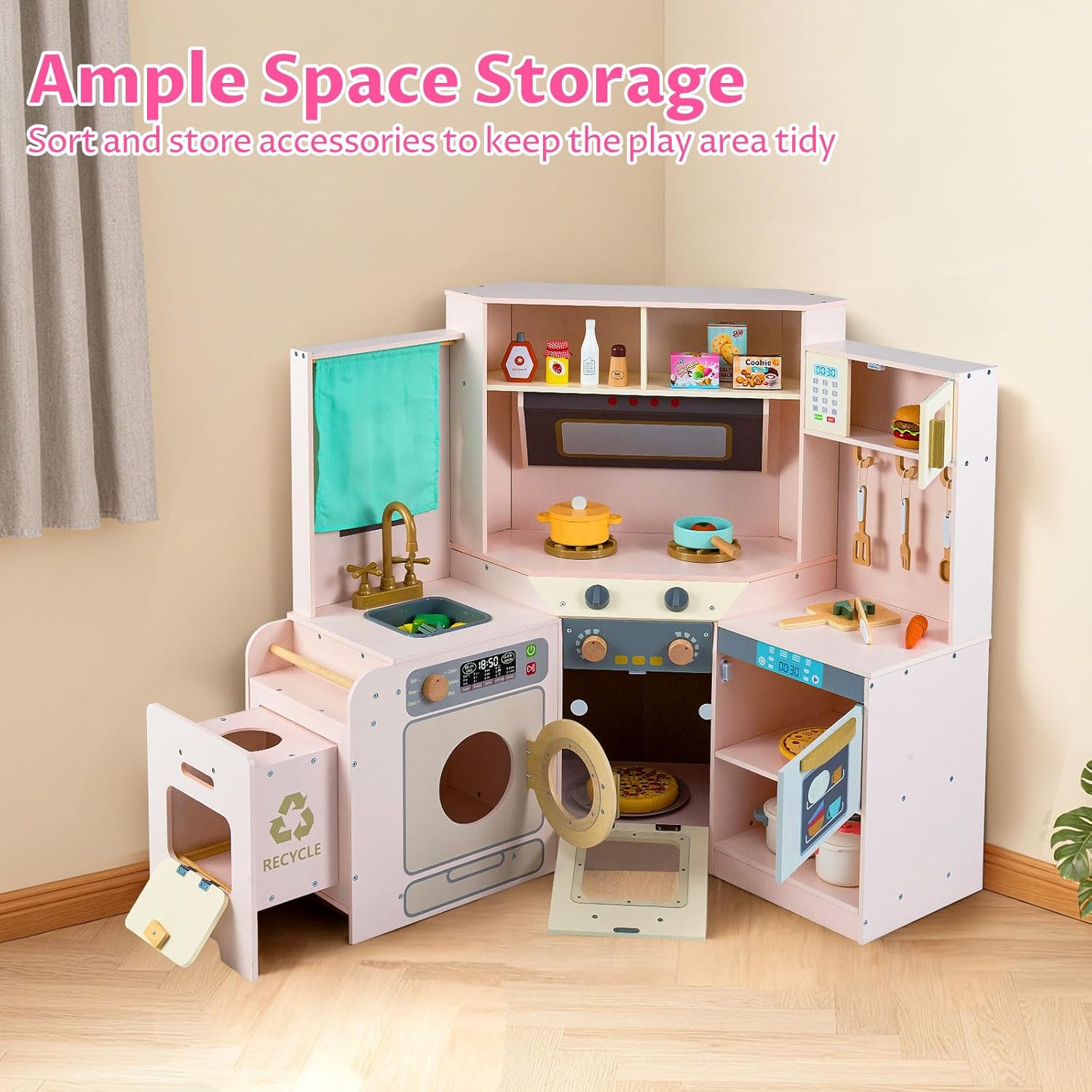 OLAKIDS Corner Kids Kitchen Play Set, Toddler Wooden Pretend Toy Cooking Set with Range Hood Dishwasher Trash Bin Light Sound Stove Storage Cabinet, Realistic Play Kitchen Gift for Boys Girls