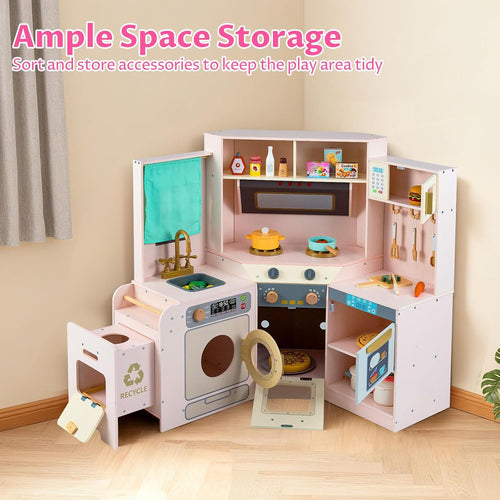 OLAKIDS Corner Kids Kitchen Play Set, Toddler Wooden Pretend Toy Cooking Set with Range Hood Dishwasher Trash Bin Light Sound Stove Storage Cabinet, Realistic Play Kitchen Gift for Boys Girls