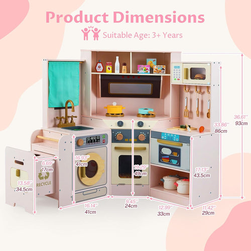 OLAKIDS Corner Kids Kitchen Play Set, Toddler Wooden Pretend Toy Cooking Set with Range Hood Dishwasher Trash Bin Light Sound Stove Storage Cabinet, Realistic Play Kitchen Gift for Boys Girls