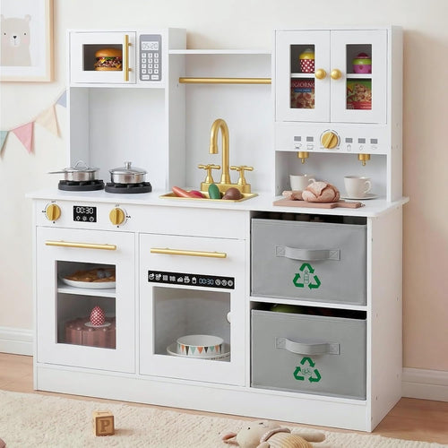 OLAKIDS Wooden Toddler Kitchen Playset with Realistic Lights, Sounds & Appliances