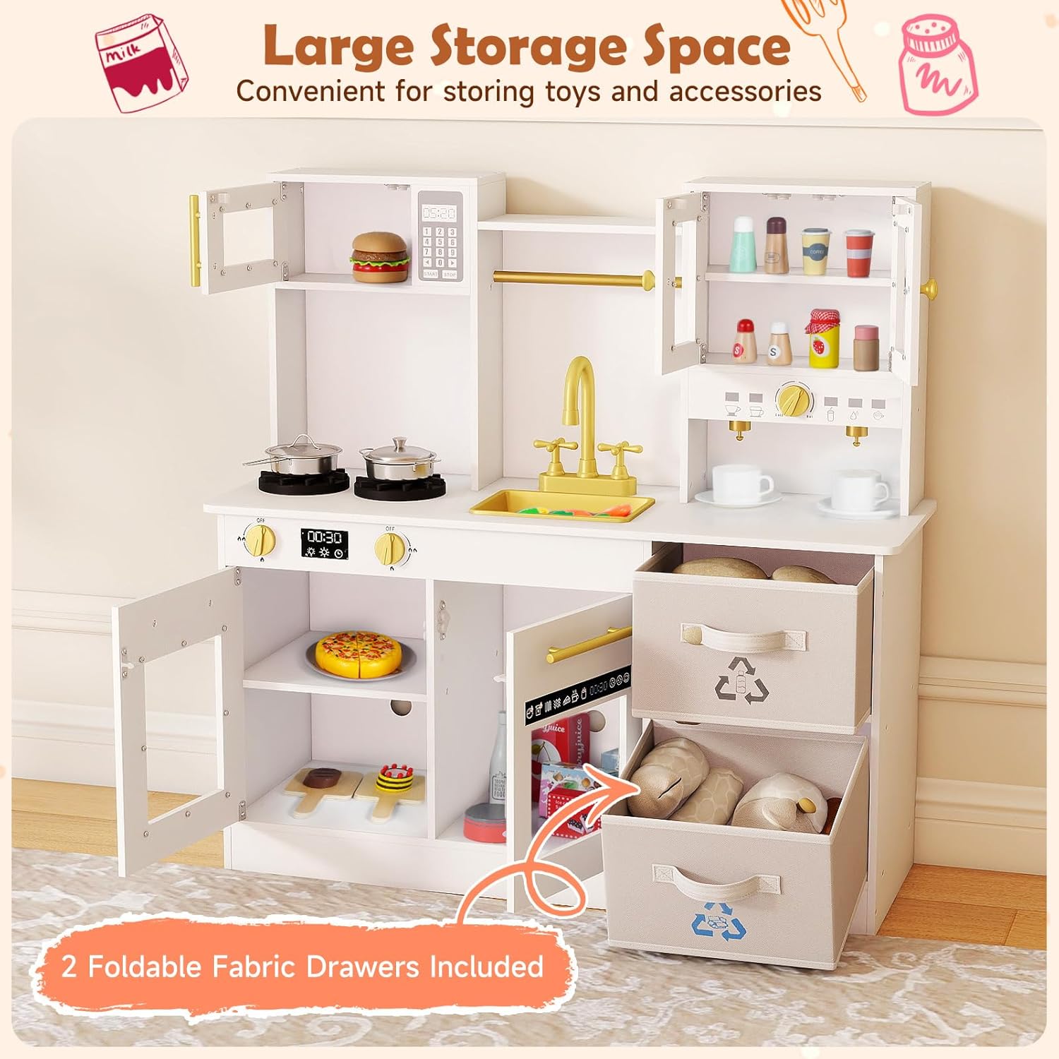 OLAKIDS Wooden Toddler Kitchen Playset with Realistic Lights, Sounds & Appliances