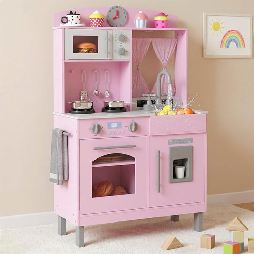 OLAKIDS Wooden Kids Kitchen Playset with Adjustable Height & Sounds
