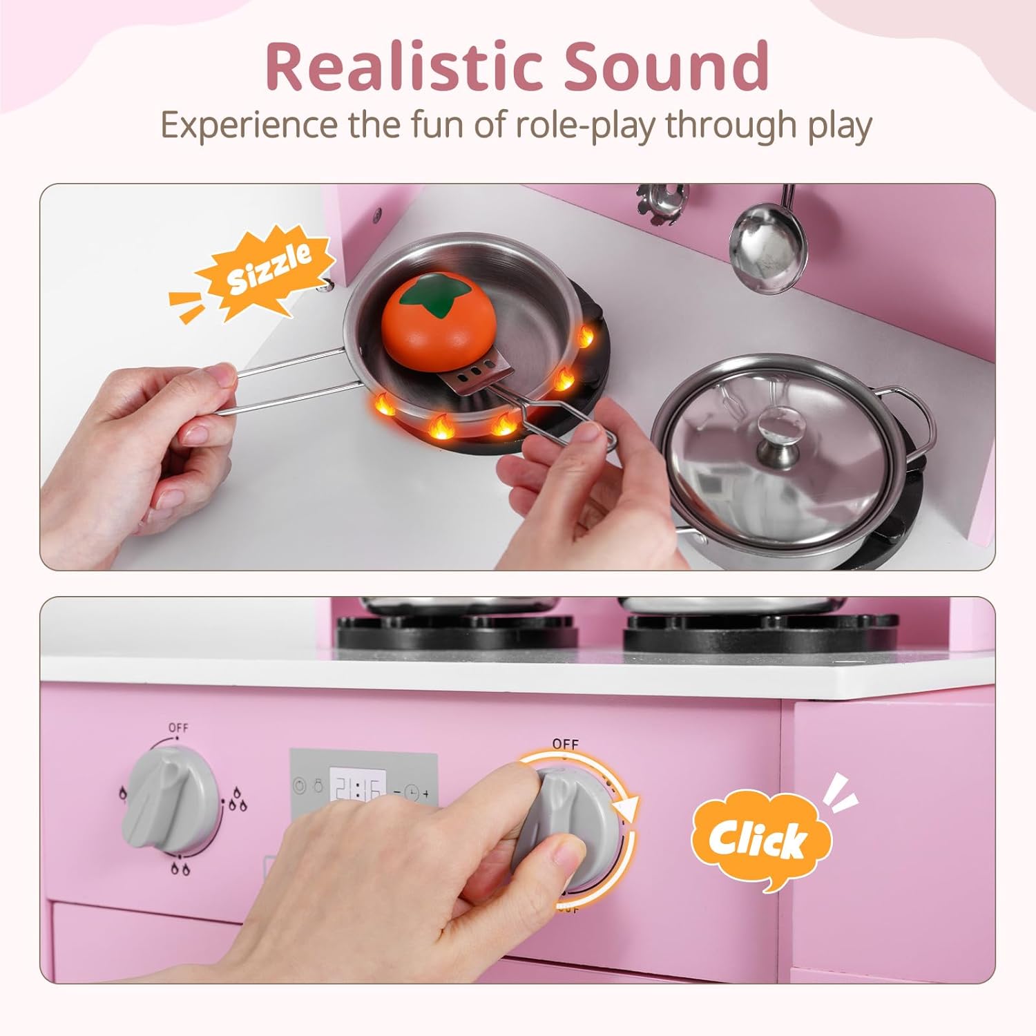 OLAKIDS Wooden Kids Kitchen Playset with Adjustable Height & Sounds