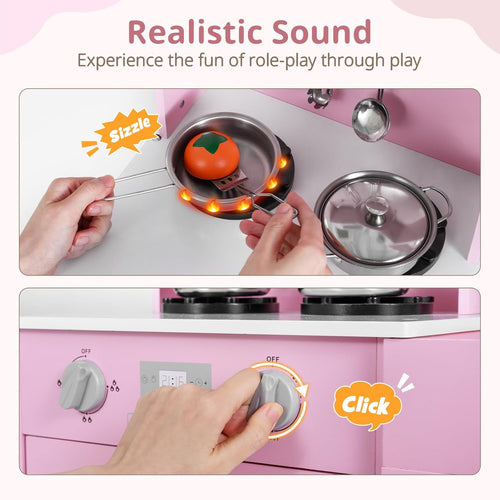 OLAKIDS Wooden Kids Kitchen Playset with Adjustable Height & Sounds