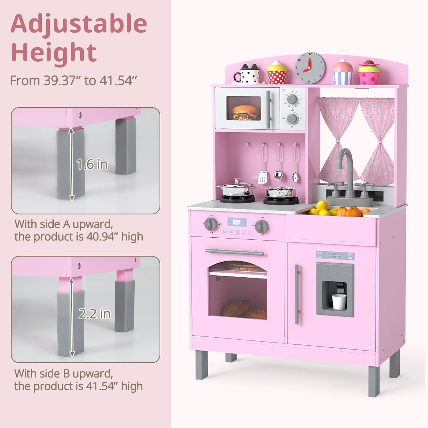 OLAKIDS Wooden Kids Kitchen Playset with Adjustable Height & Sounds