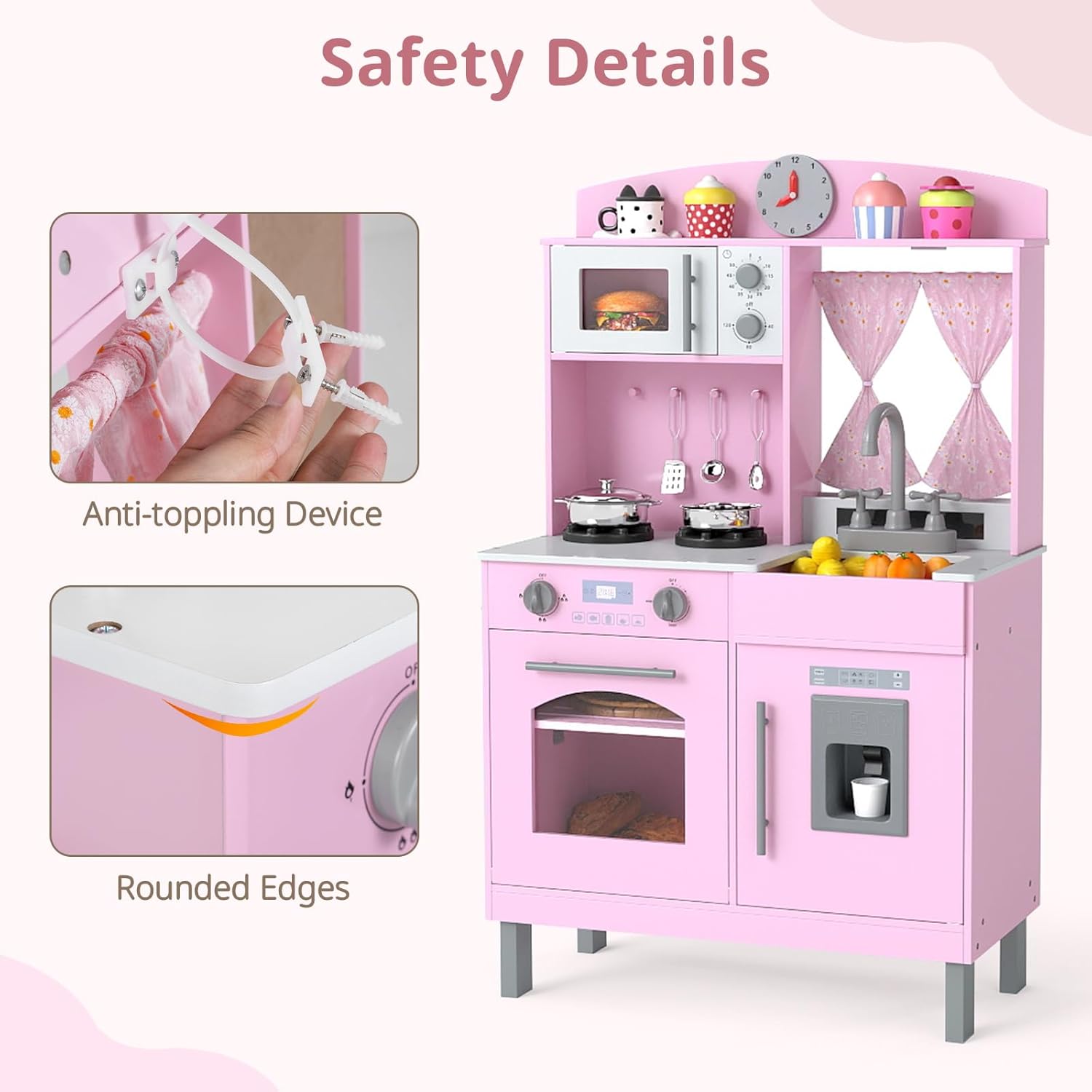 OLAKIDS Wooden Kids Kitchen Playset with Adjustable Height & Sounds