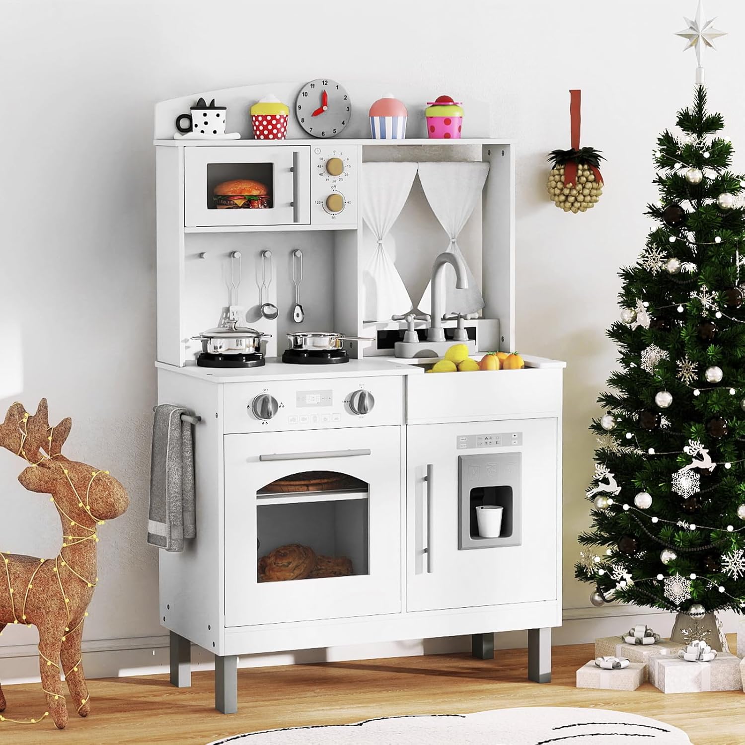 OLAKIDS Wooden Kids Kitchen Playset with Adjustable Height & Sounds