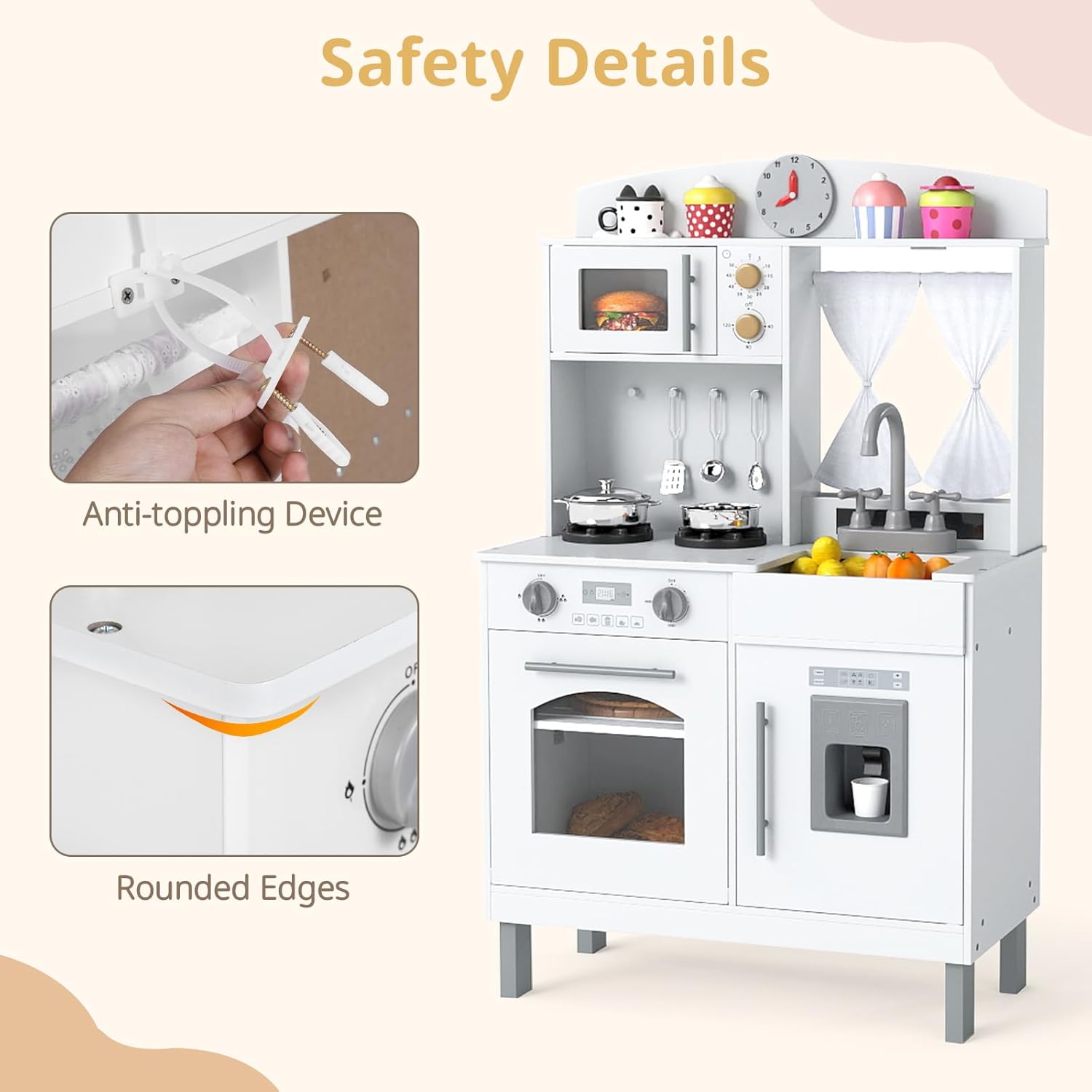 OLAKIDS Wooden Kids Kitchen Playset with Adjustable Height & Sounds