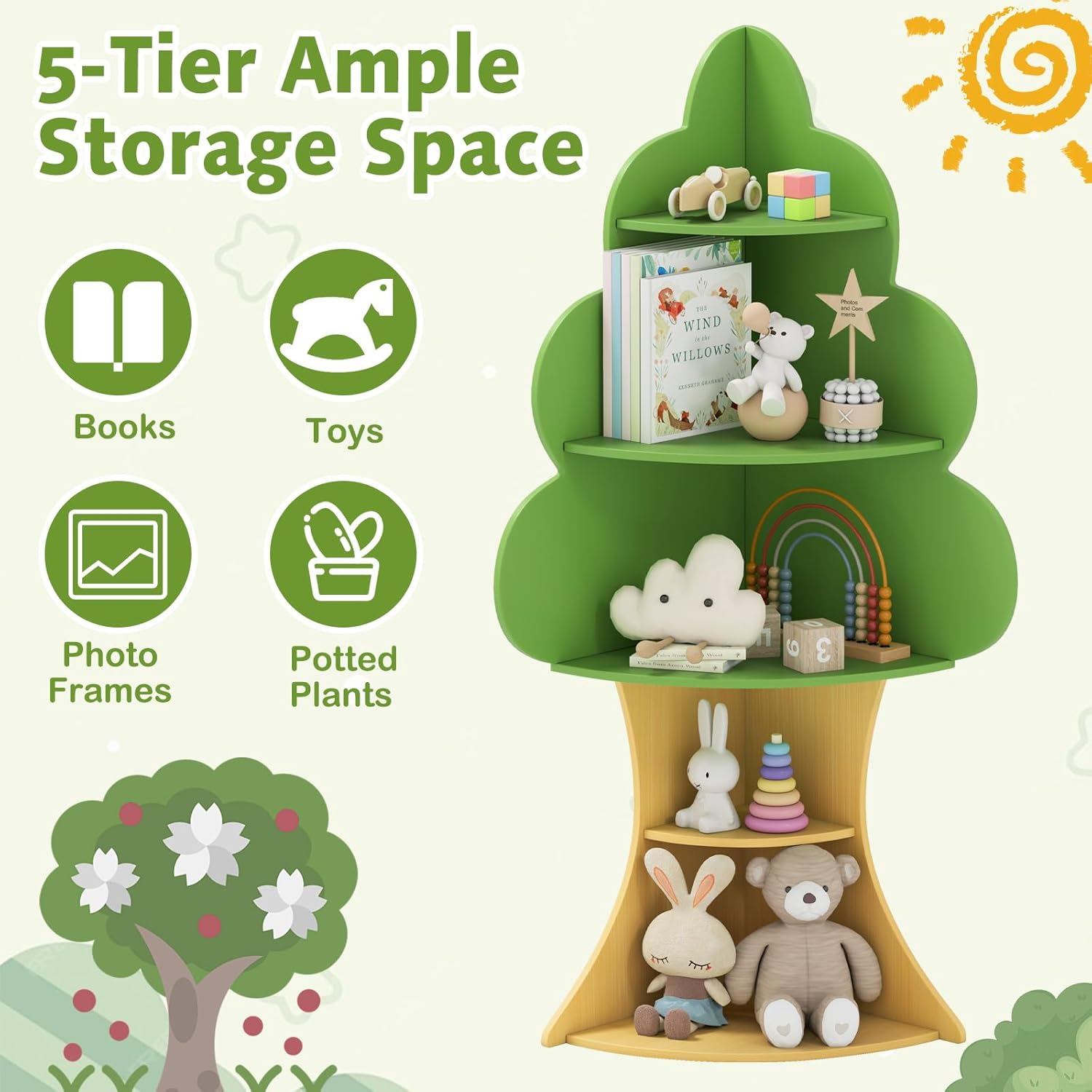 OLAKIDS Tree Kids Bookshelf Wood 5-Tier Corner Bookcase Playroom Boy Girls Gift