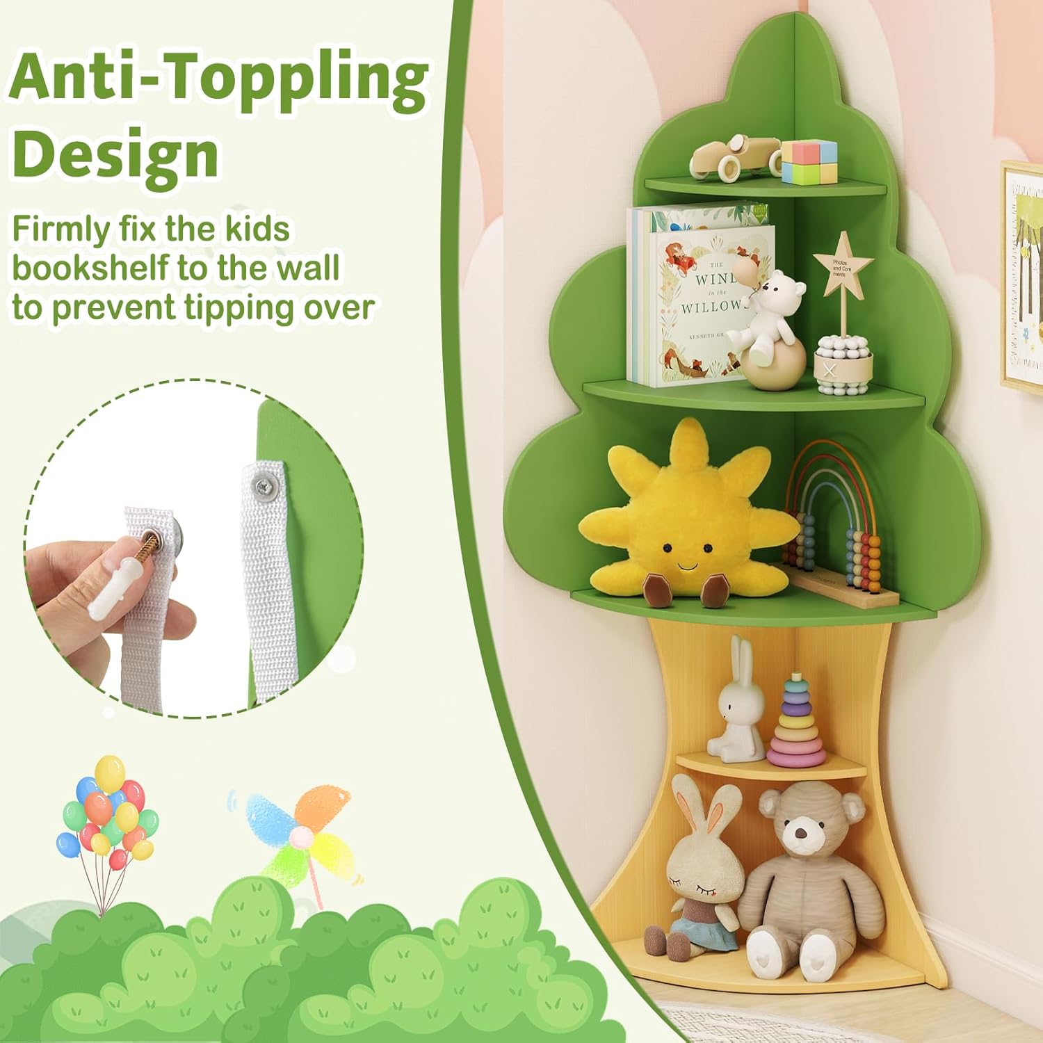 OLAKIDS Tree Kids Bookshelf Wood 5-Tier Corner Bookcase Playroom Boy Girls Gift