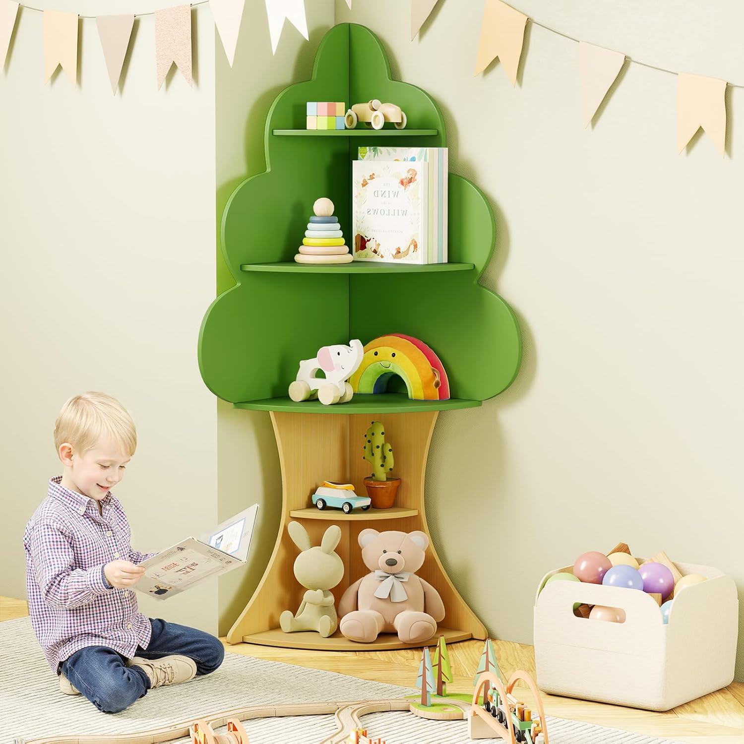 OLAKIDS Tree Kids Bookshelf Wood 5-Tier Corner Bookcase Playroom Boy Girls Gift