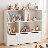 Olakids Toy Storage Organizer, Wooden Kids Bookshelf with Hidden Wheels 3 Movable Drawers 5 Open Cubbies