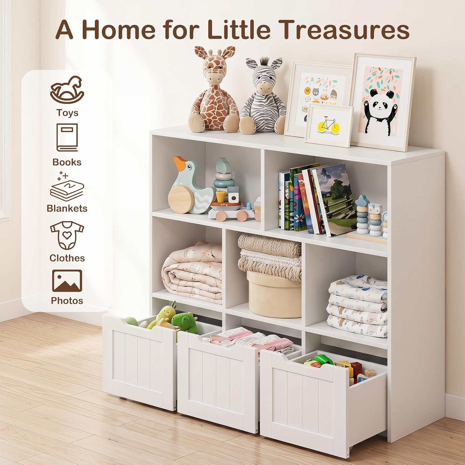 Olakids Toy Storage Organizer, Wooden Kids Bookshelf with Hidden Wheels 3 Movable Drawers 5 Open Cubbies