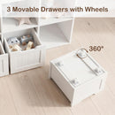 Olakids Toy Storage Organizer, Wooden Kids Bookshelf with Hidden Wheels 3 Movable Drawers 5 Open Cubbies