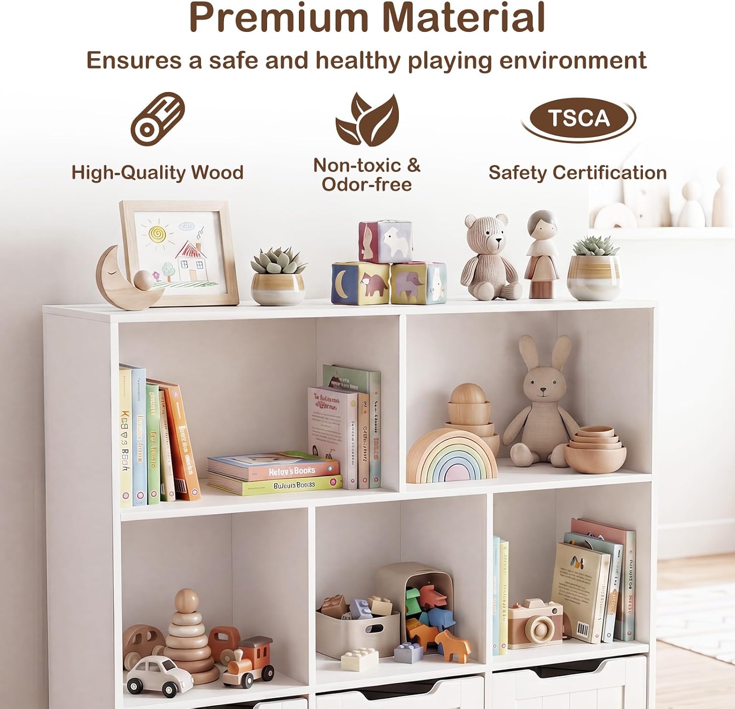 Olakids Toy Storage Organizer, Wooden Kids Bookshelf with Hidden Wheels 3 Movable Drawers 5 Open Cubbies