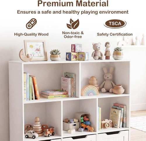 Olakids Toy Storage Organizer, Wooden Kids Bookshelf with Hidden Wheels 3 Movable Drawers 5 Open Cubbies