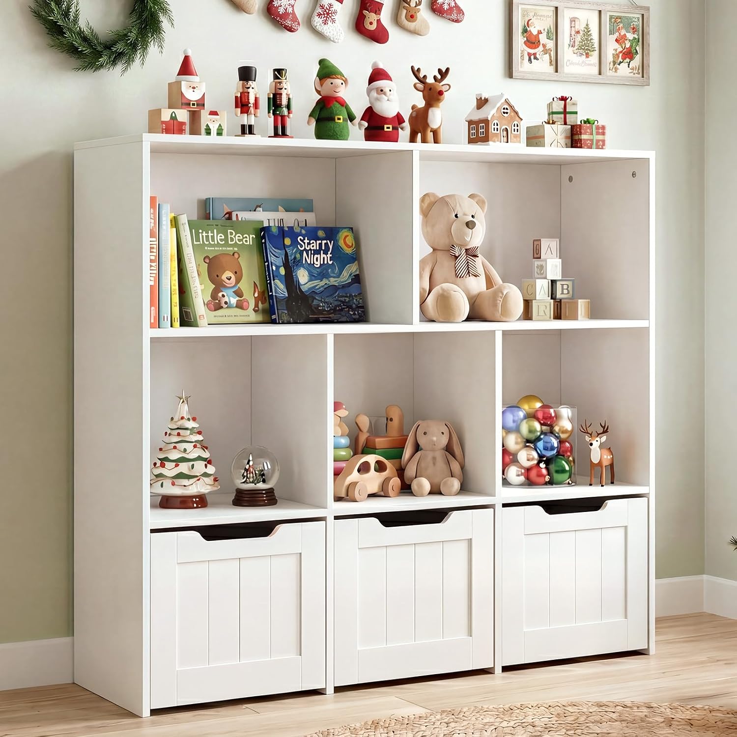Olakids Toy Storage Organizer, Wooden Kids Bookshelf with Hidden Wheels 3 Movable Drawers 5 Open Cubbies