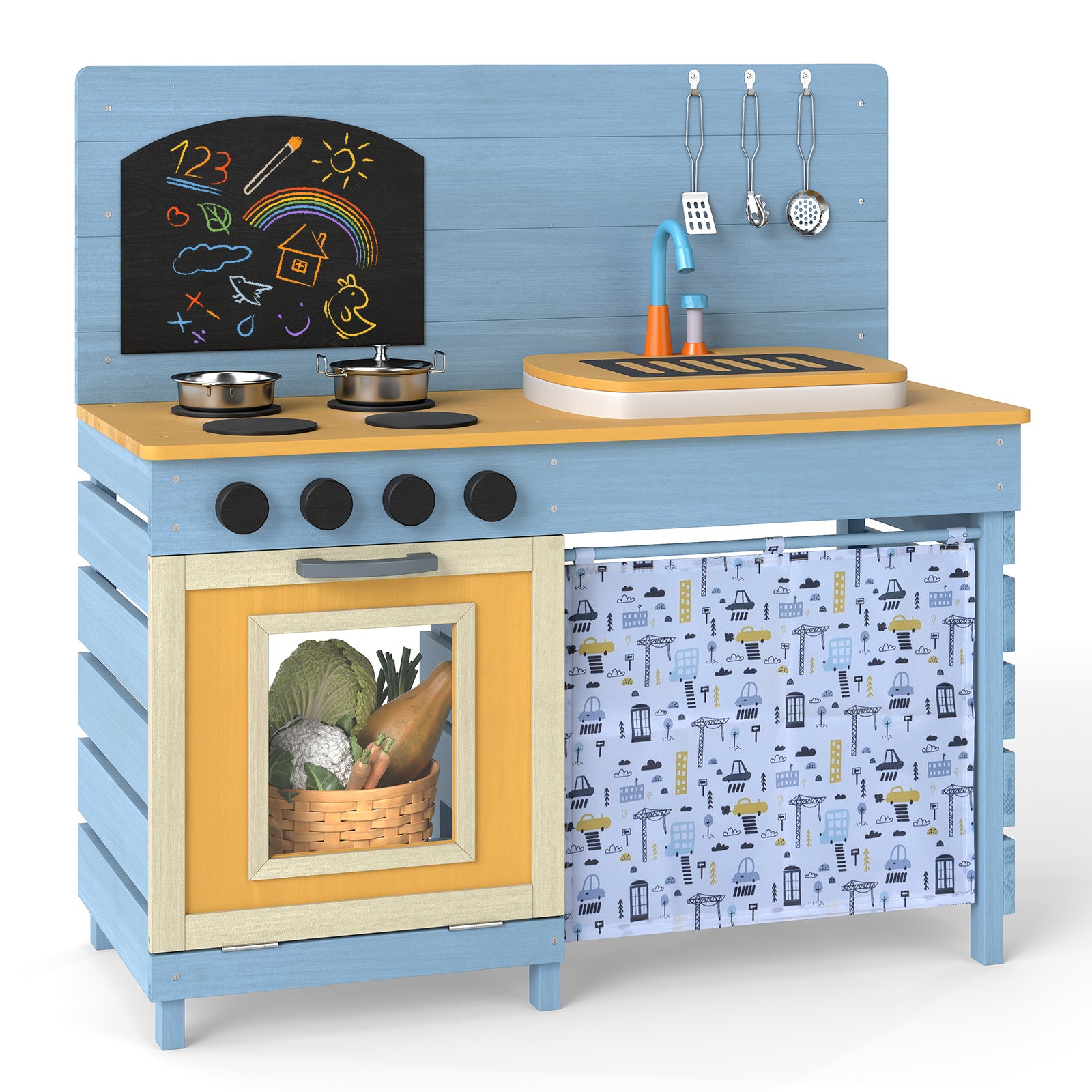OLAKIDS Wooden Outdoor Mud Kitchen with Sink, Chalkboard & Stove for Kids