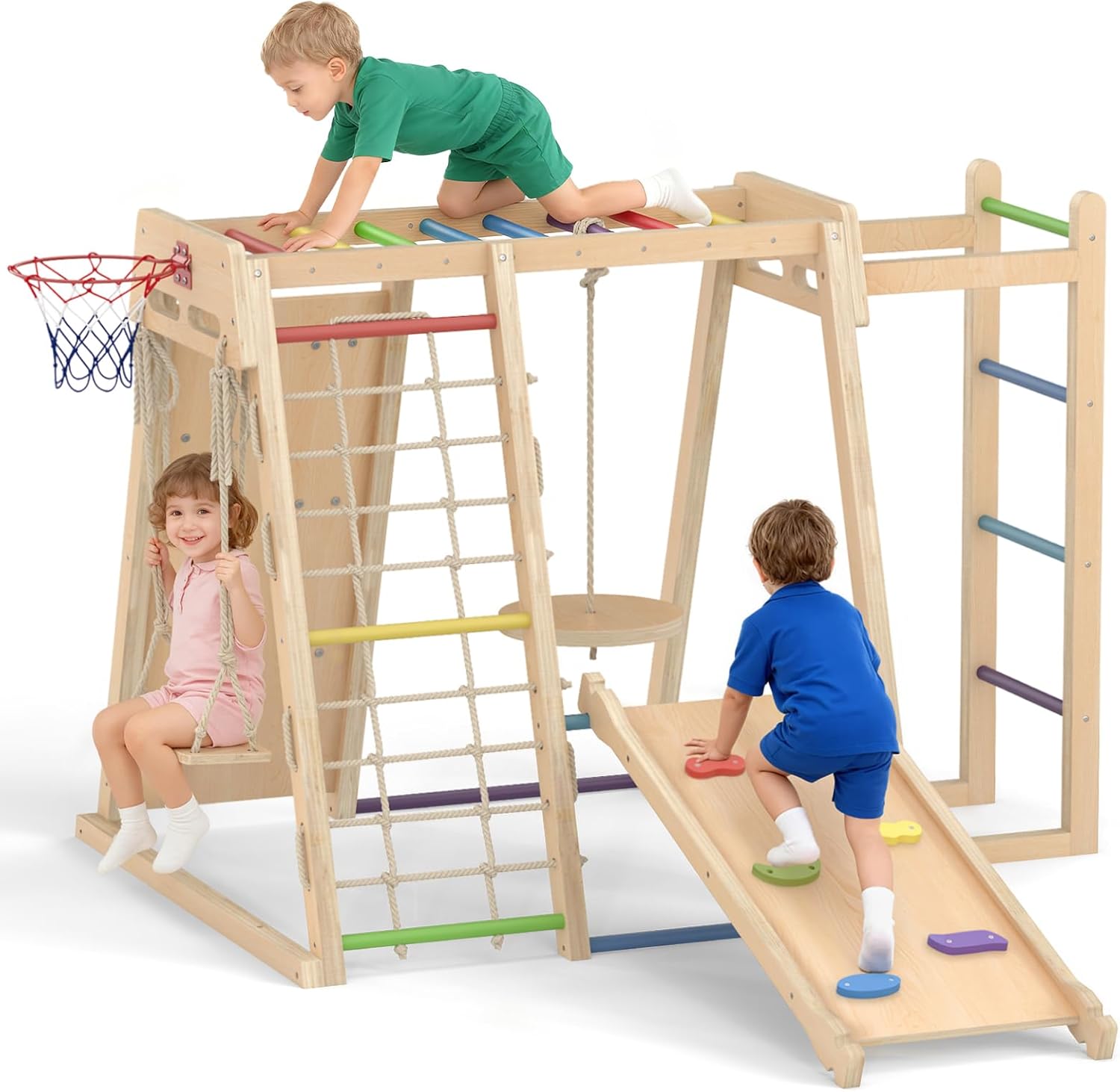OLAKIDS Indoor Jungle Gym, 9 in 1 Wooden Montessori Baby Climbing Toys