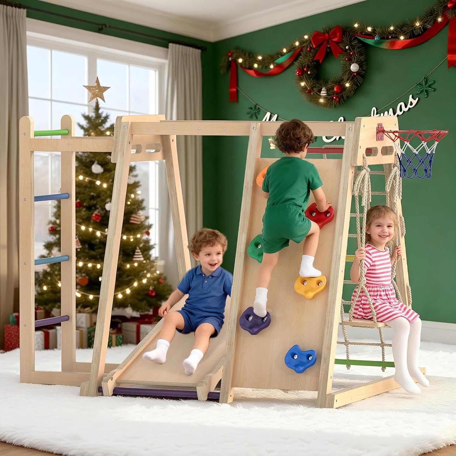 OLAKIDS Indoor Jungle Gym, 9 in 1 Wooden Montessori Baby Climbing Toys