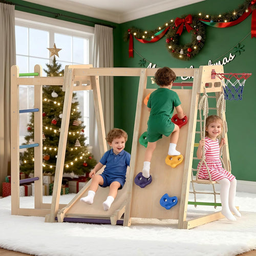 OLAKIDS Indoor Jungle Gym, 9 in 1 Wooden Montessori Baby Climbing Toys