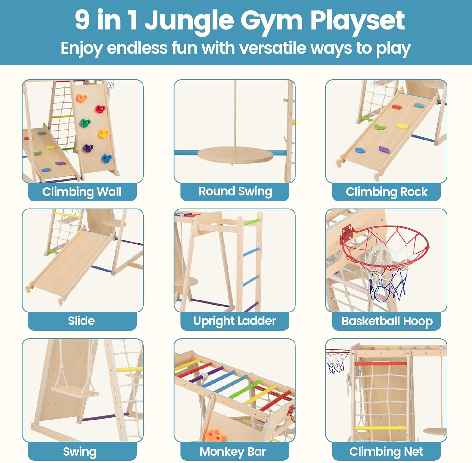 OLAKIDS Indoor Jungle Gym, 9 in 1 Wooden Montessori Baby Climbing Toys