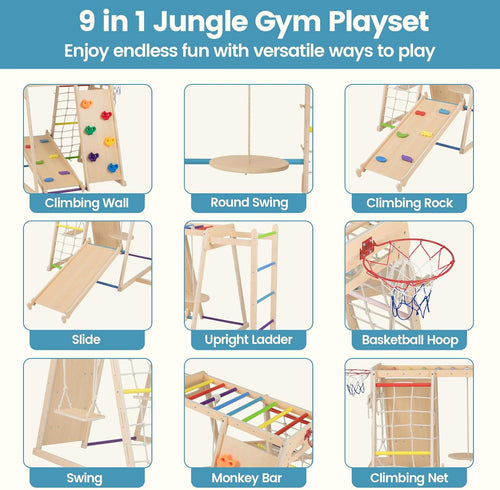 OLAKIDS Indoor Jungle Gym, 9 in 1 Wooden Montessori Baby Climbing Toys