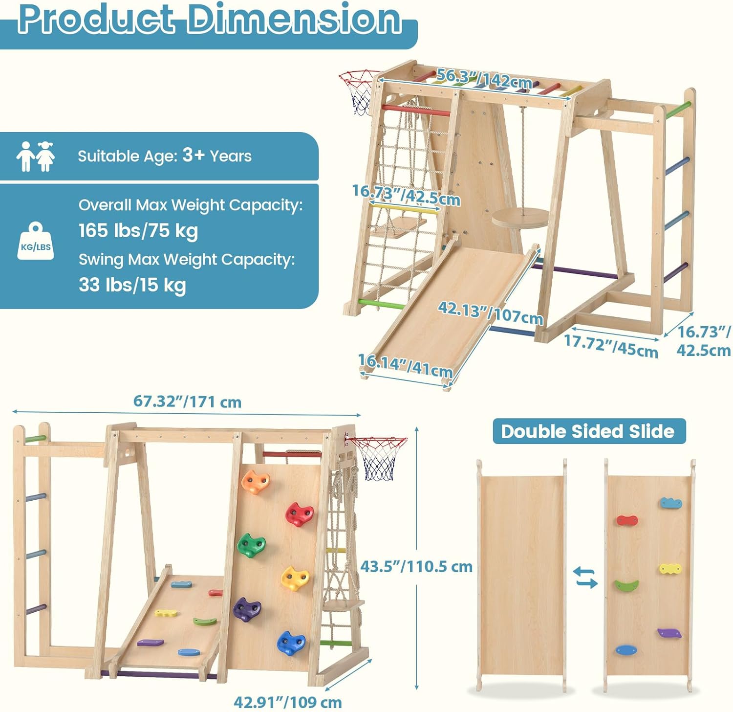 OLAKIDS Indoor Jungle Gym, 9 in 1 Wooden Montessori Baby Climbing Toys