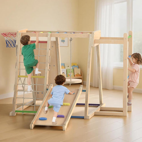 OLAKIDS Indoor Jungle Gym, 9 in 1 Wooden Montessori Baby Climbing Toys