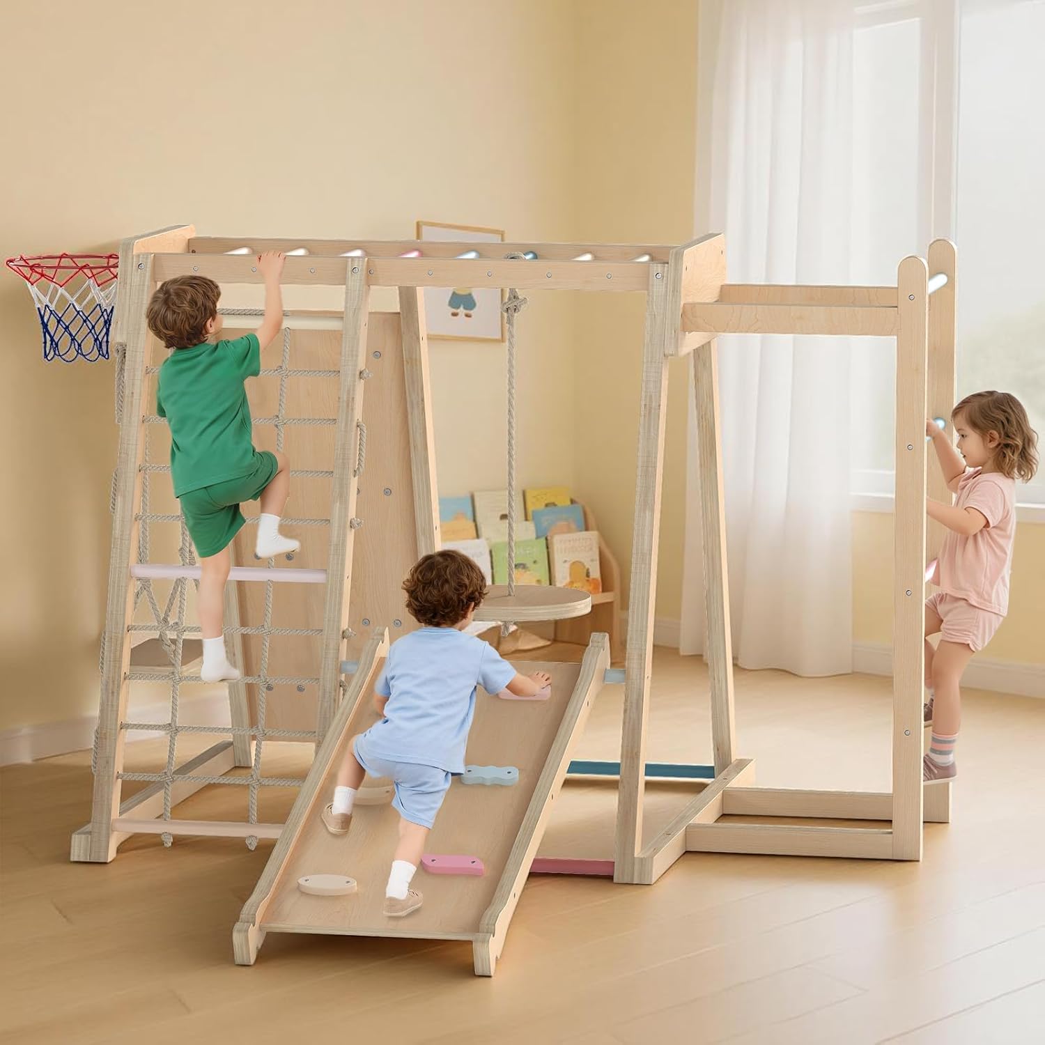 OLAKIDS Indoor Jungle Gym, 9 in 1 Wooden Montessori Baby Climbing Toys