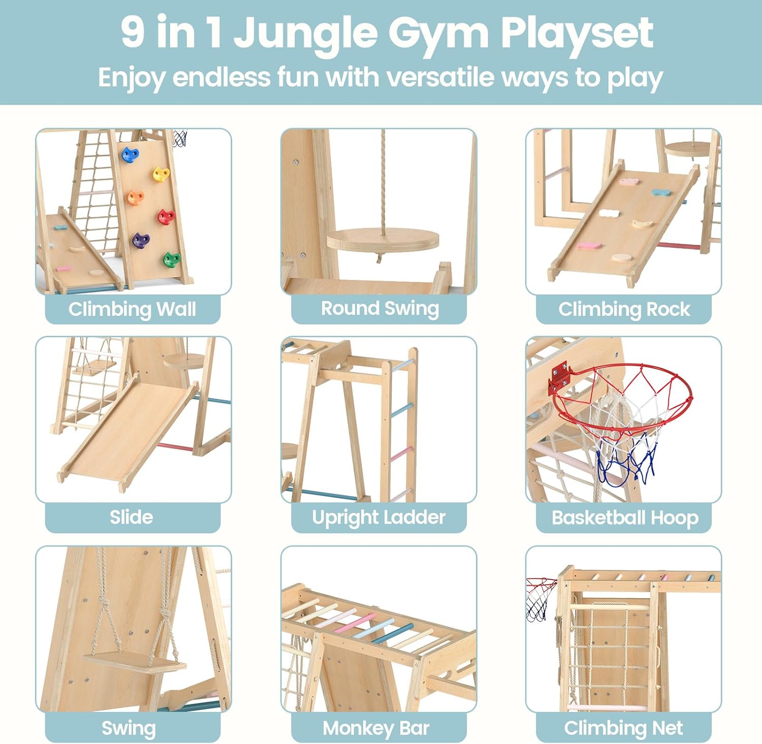 OLAKIDS Indoor Jungle Gym, 9 in 1 Wooden Montessori Baby Climbing Toys