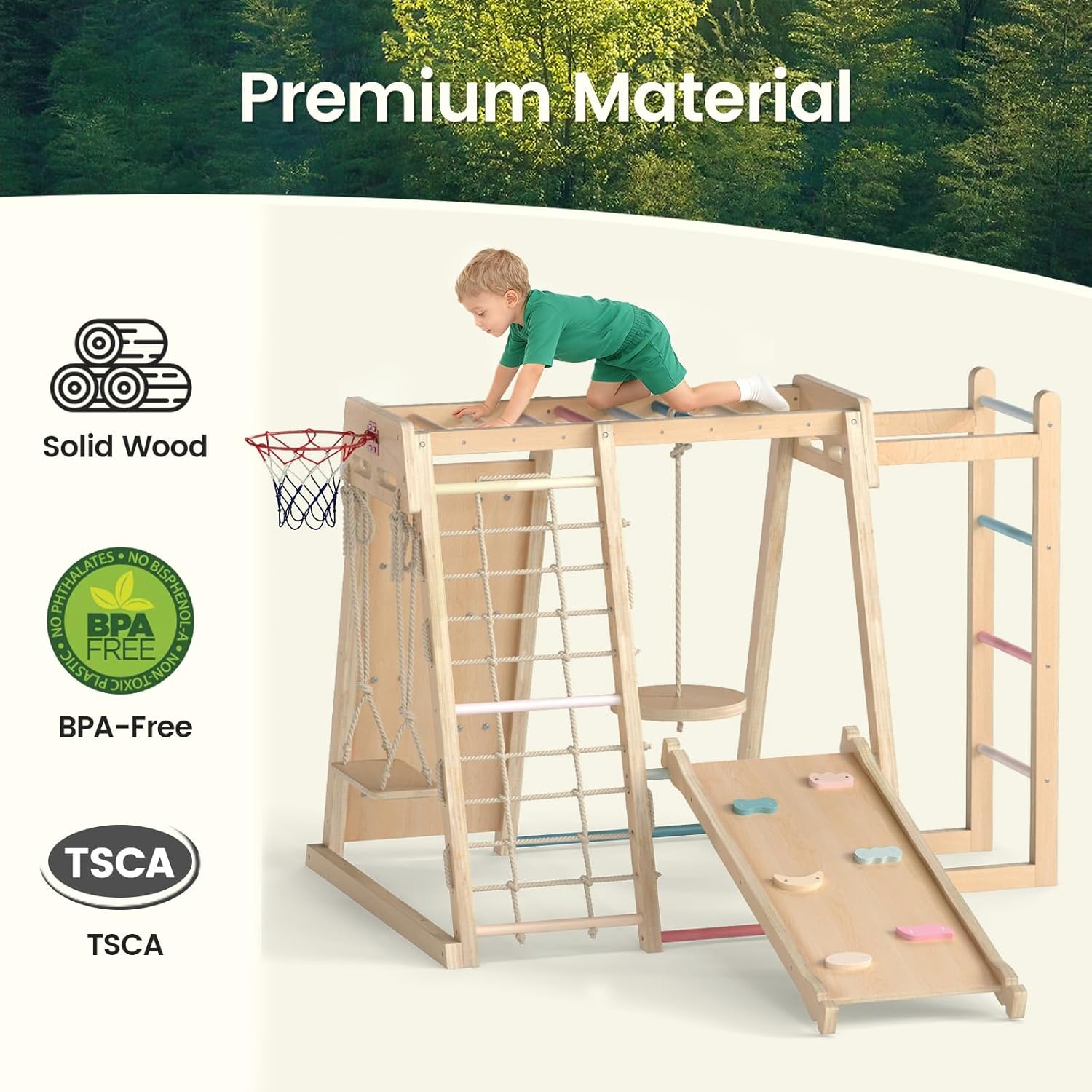OLAKIDS Indoor Jungle Gym, 9 in 1 Wooden Montessori Baby Climbing Toys