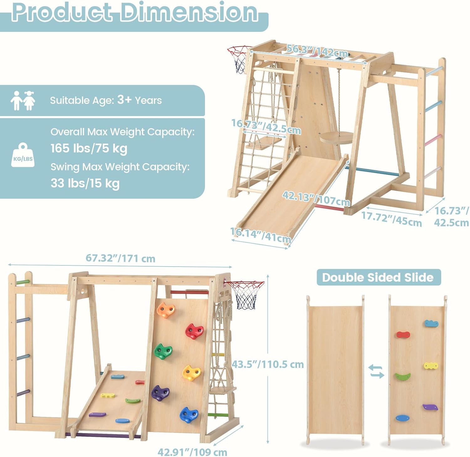 OLAKIDS Indoor Jungle Gym, 9 in 1 Wooden Montessori Baby Climbing Toys