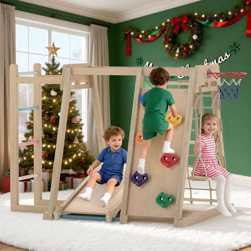 OLAKIDS Indoor Jungle Gym, 9 in 1 Wooden Montessori Baby Climbing Toys