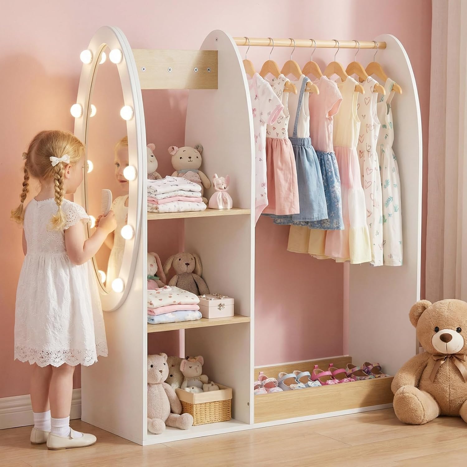 Olakids Kids Dress Up Storage with Mirror, Wooden Costume Wardrobe Closet