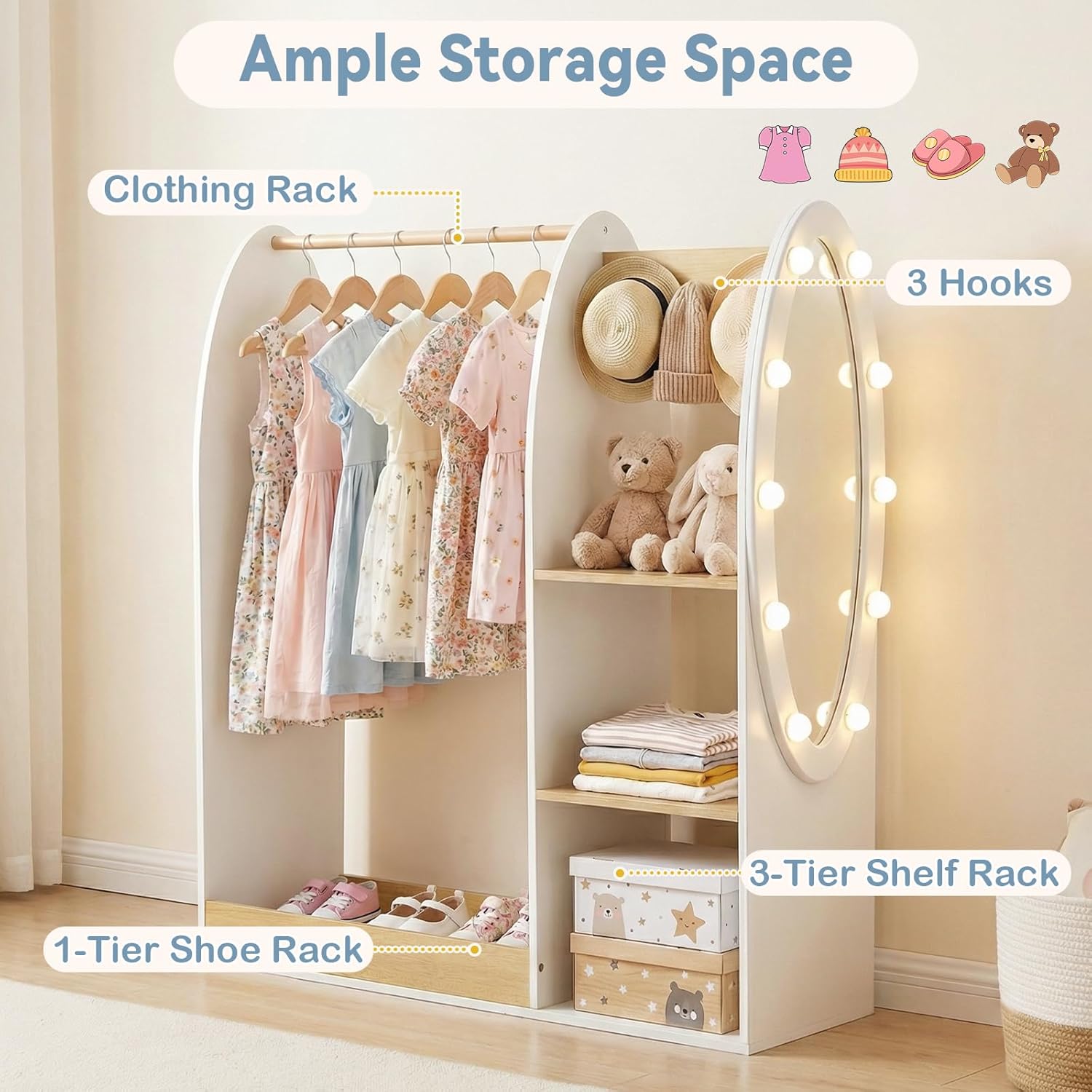 Olakids Kids Dress Up Storage with Mirror, Wooden Costume Wardrobe Closet