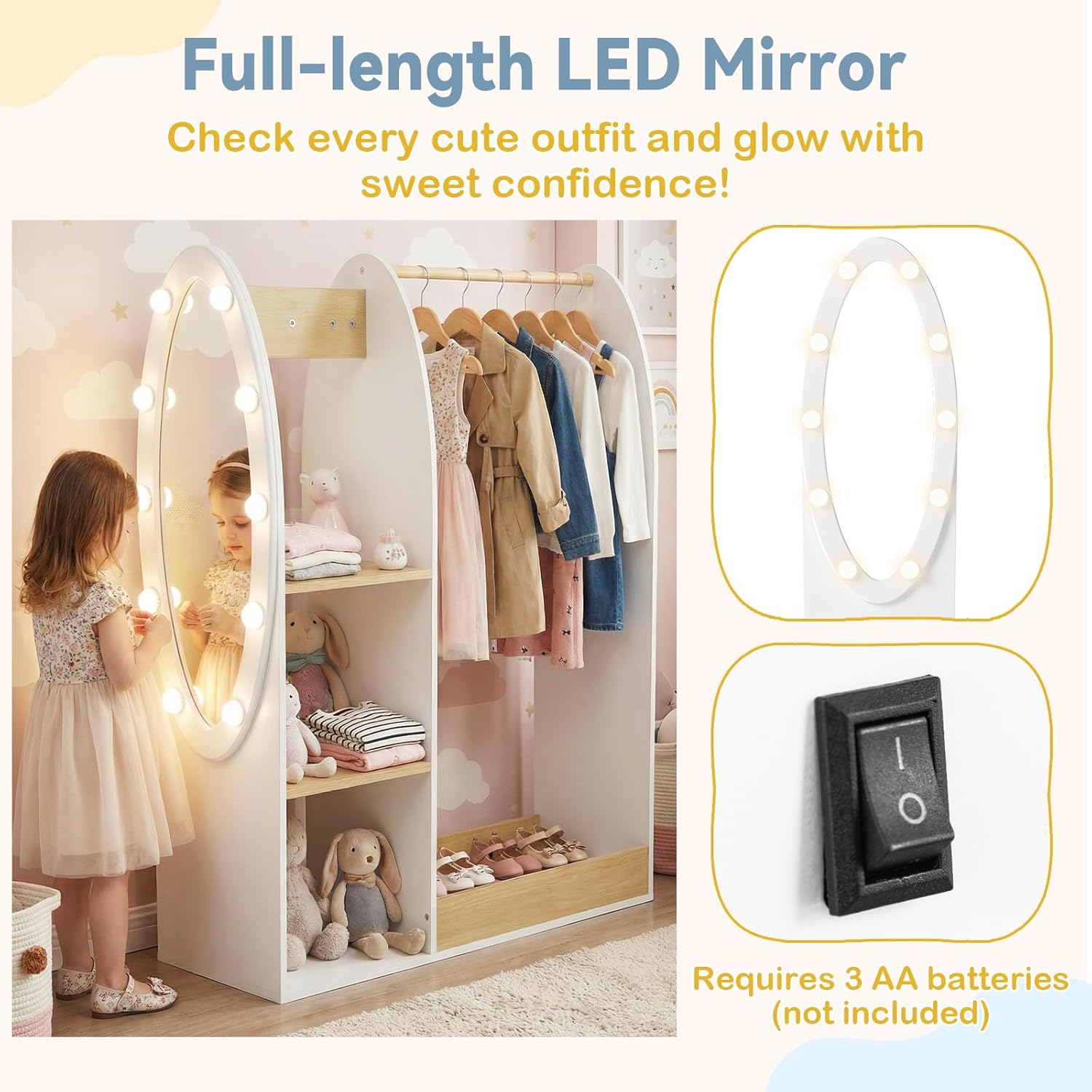 Olakids Kids Dress Up Storage with Mirror, Wooden Costume Wardrobe Closet