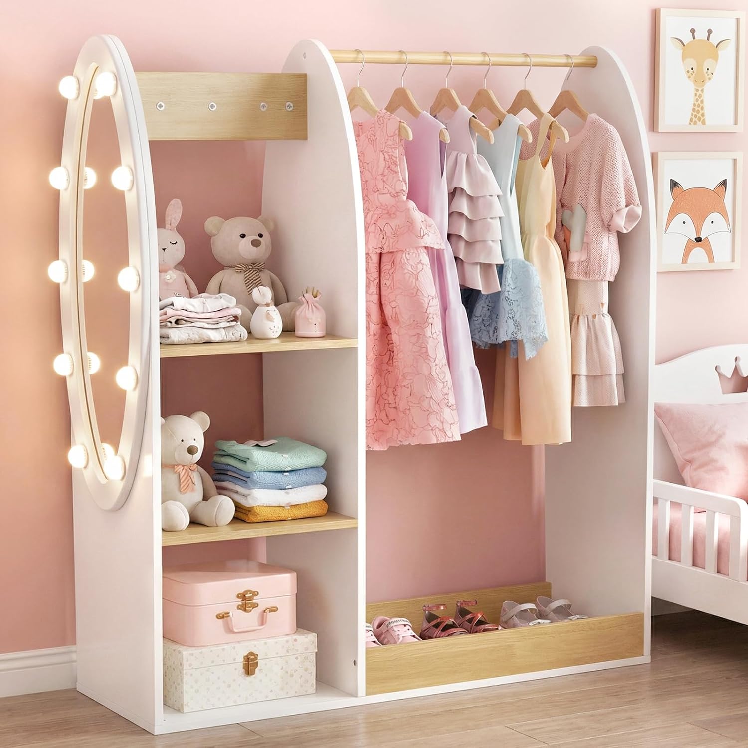 Olakids Kids Dress Up Storage with Mirror, Wooden Costume Wardrobe Closet
