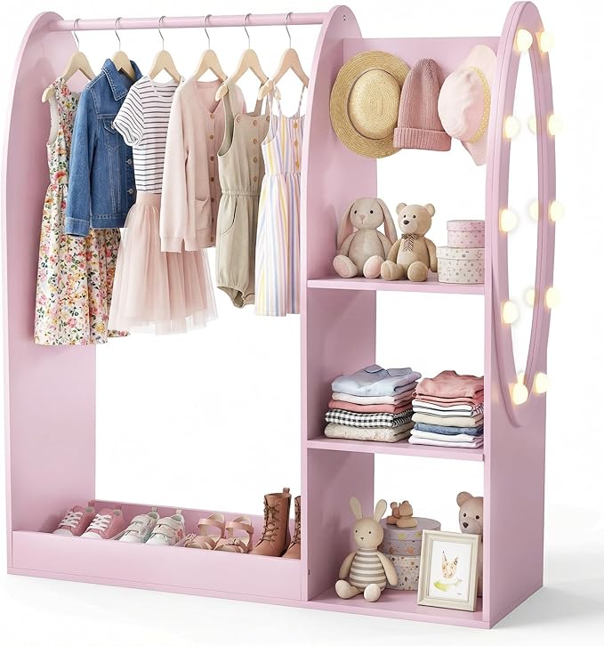 Olakids Kids Dress Up Storage with Mirror, Wooden Costume Wardrobe Closet