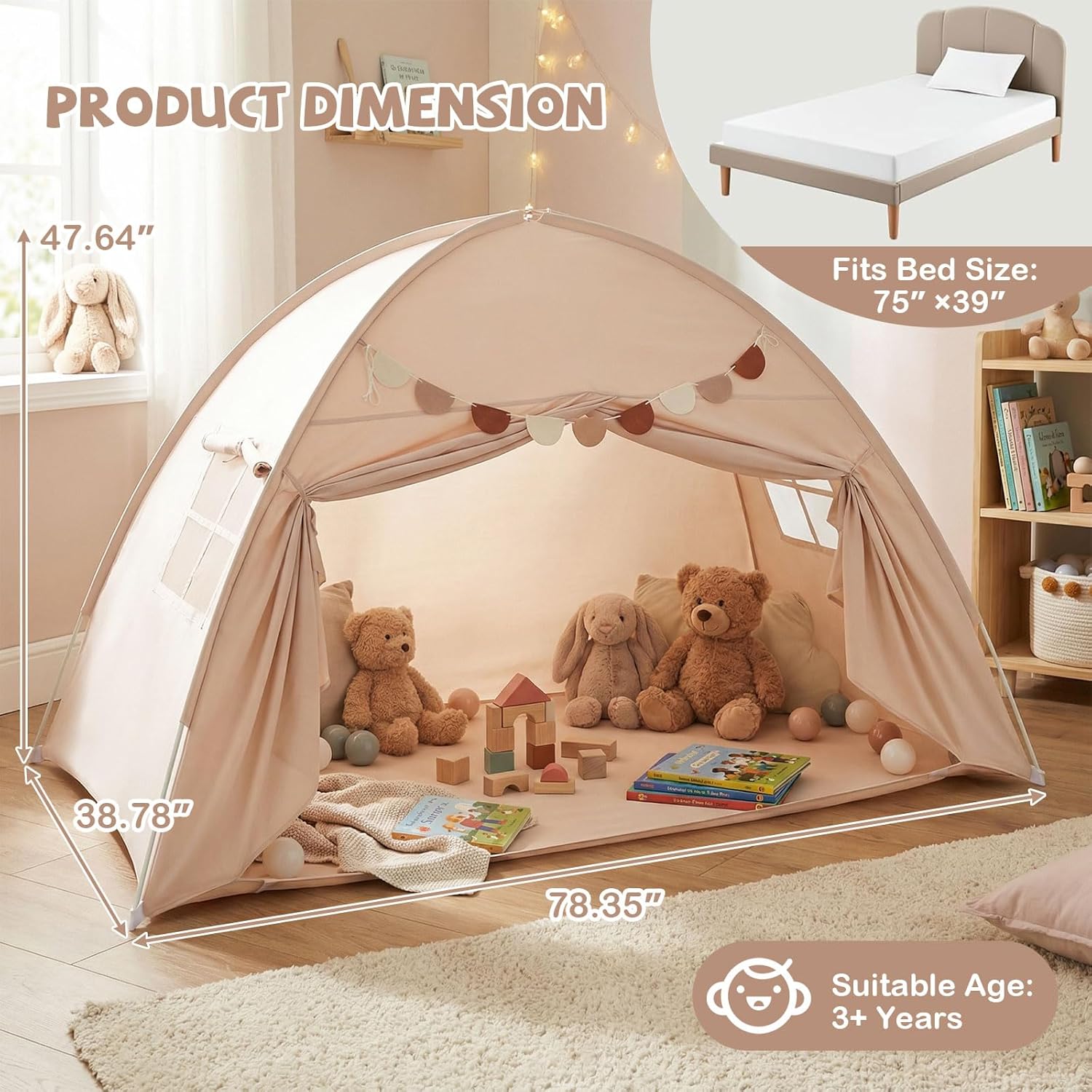 OLAKIDS Bed Tent with Flags Teepee Toys Gift for Boys Girls Aged 3+, 75’’ x 39’’ x 48’’