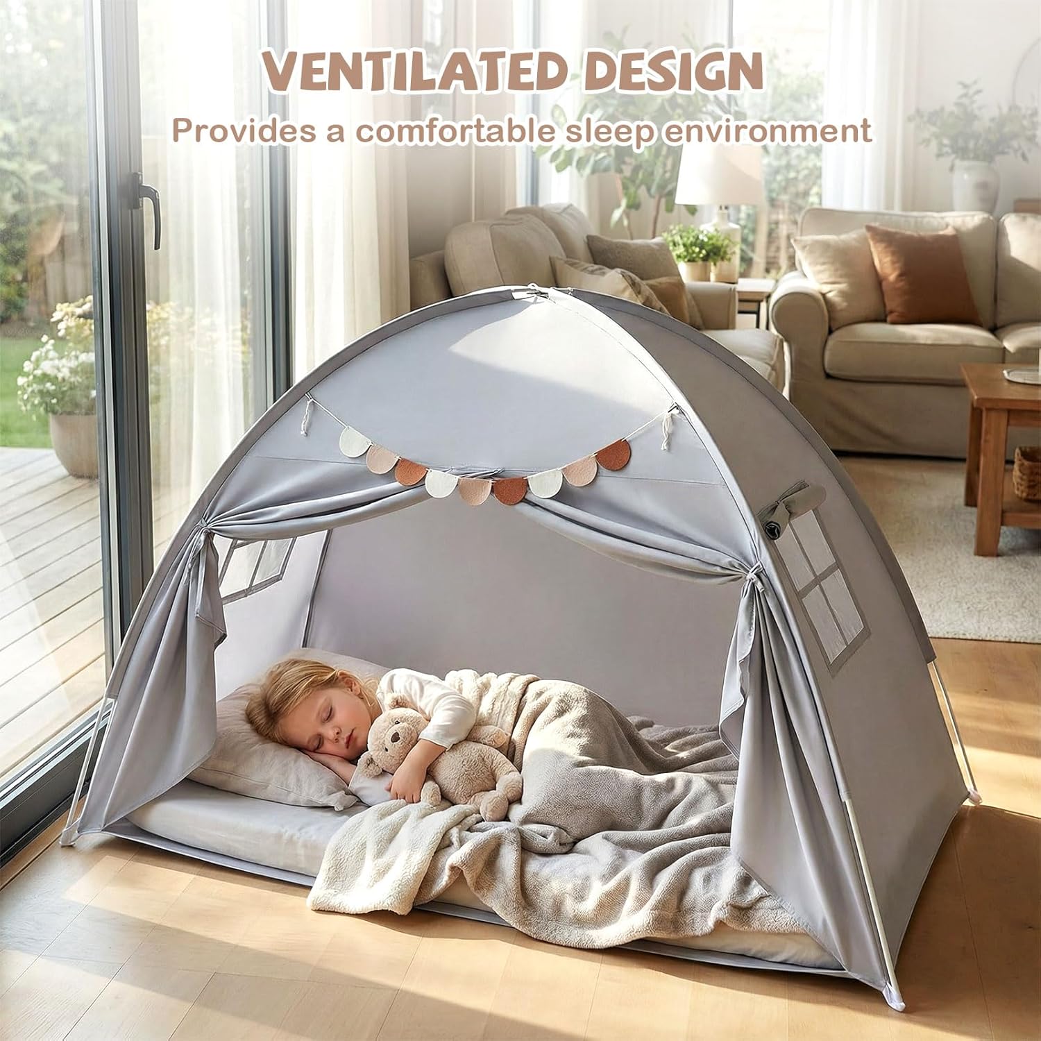 OLAKIDS Bed Tent with Flags Teepee Toys Gift for Boys Girls Aged 3+, 75’’ x 39’’ x 48’’