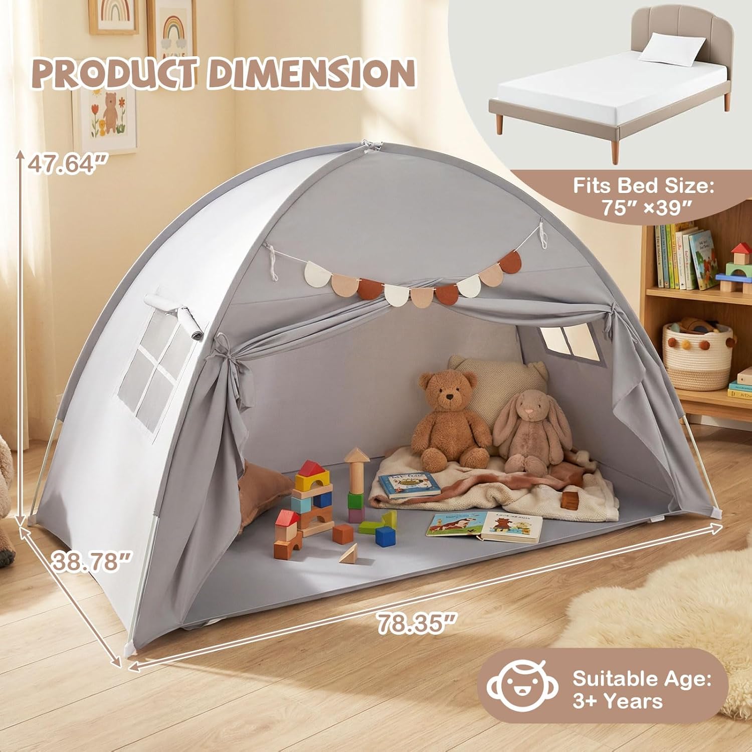 OLAKIDS Bed Tent with Flags Teepee Toys Gift for Boys Girls Aged 3+, 75’’ x 39’’ x 48’’