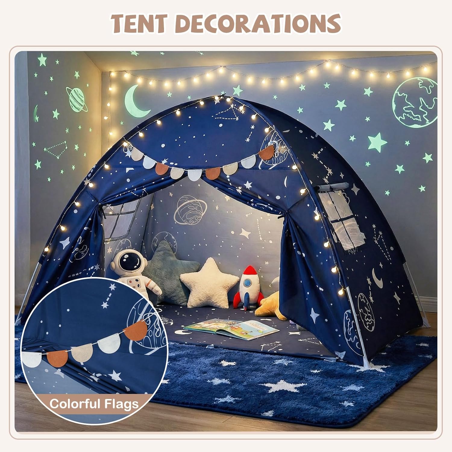 OLAKIDS Bed Tent with Flags Teepee Toys Gift for Boys Girls Aged 3+, 75’’ x 39’’ x 48’’
