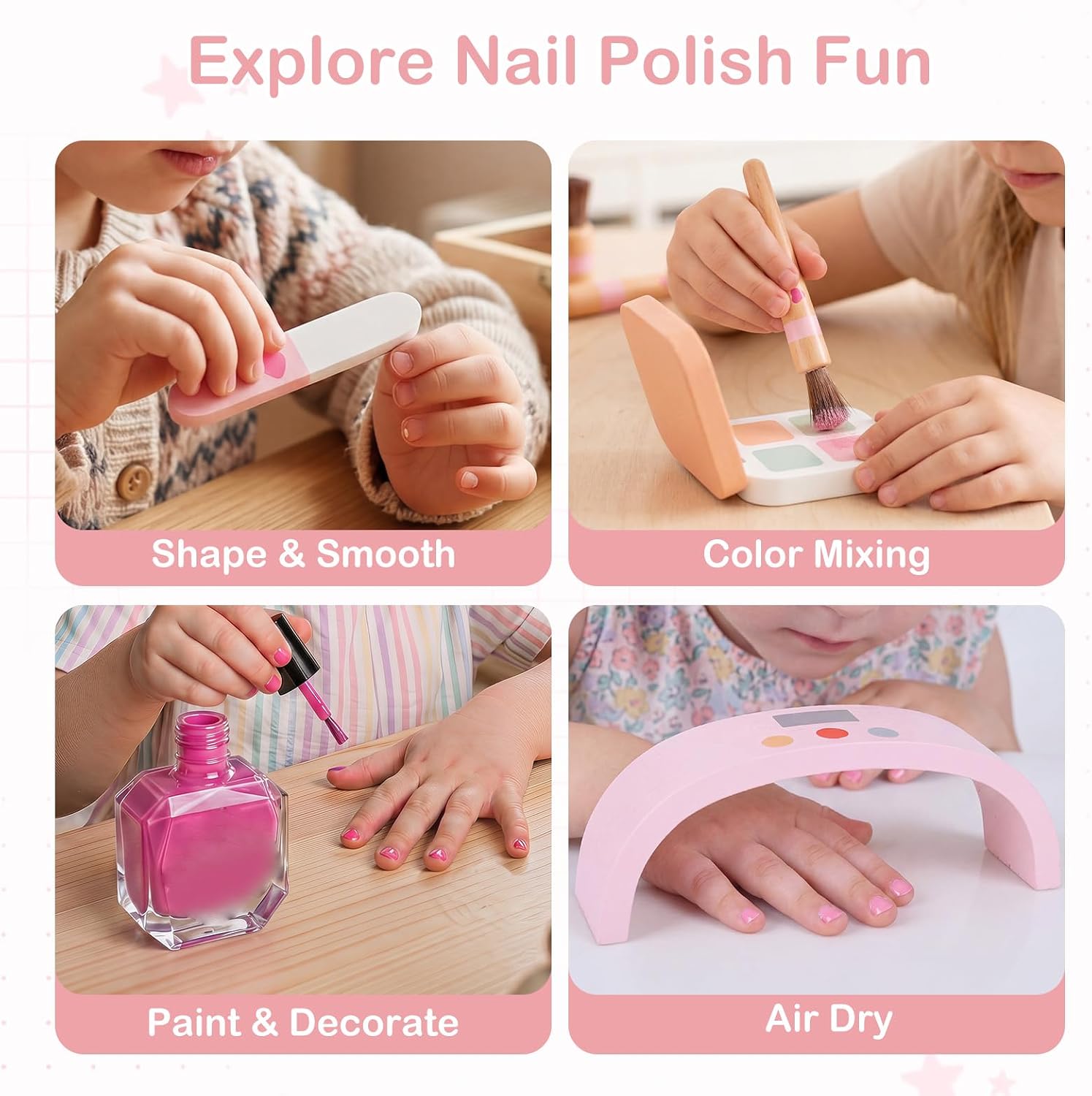 OLAKIDS Wooden Pretend Nail Salon Playset with Table, Stool & 8 Accessories