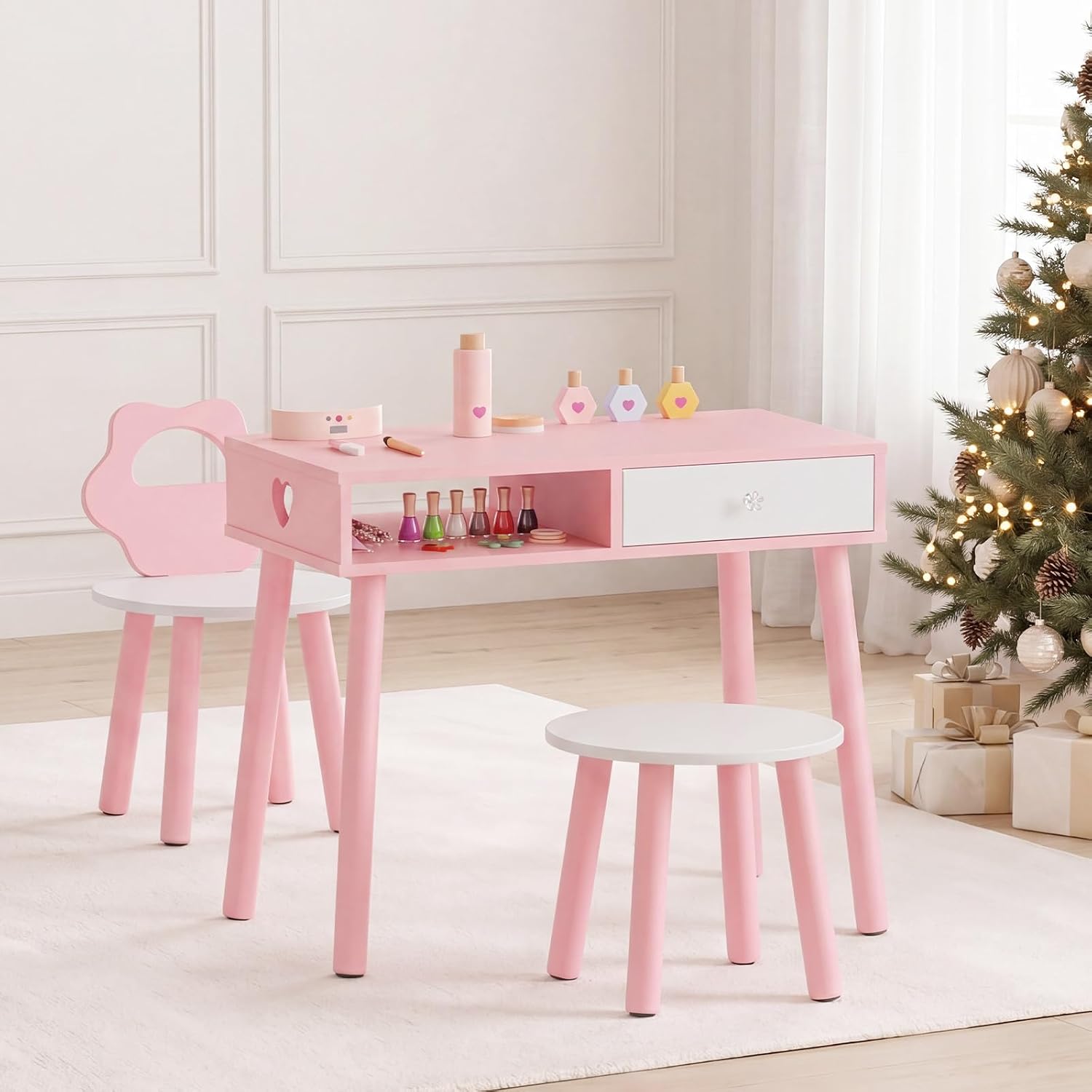 OLAKIDS Wooden Pretend Nail Salon Playset with Table, Stool & 8 Accessories